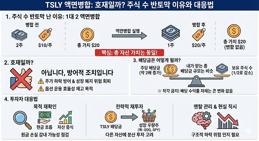 TSLY 액면병합 원리 설명 피자 조각 비유 인포그래픽